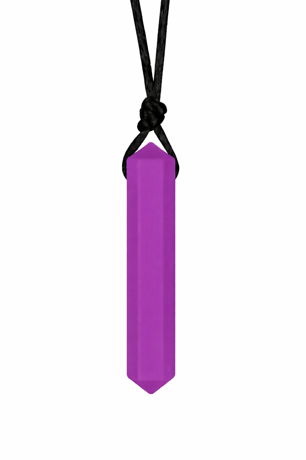 Purple crystal pendant on a black cord against a white background