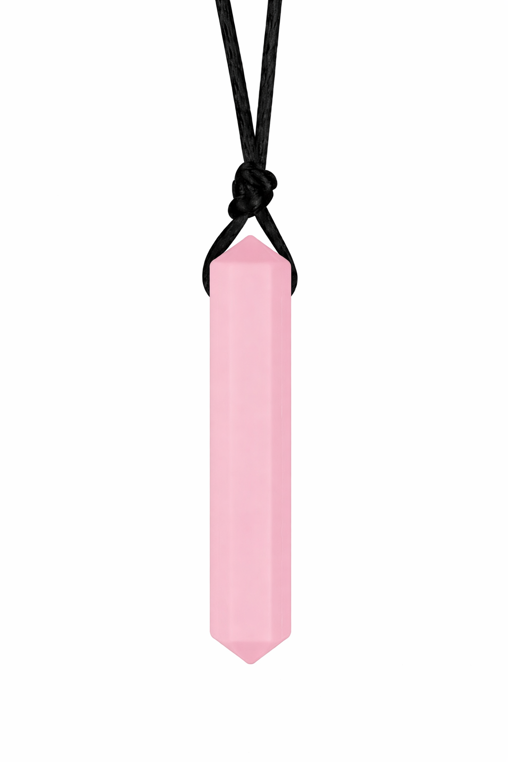 Pink crystal pendant on a black cord against a white background