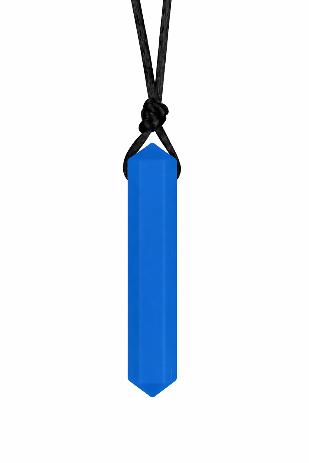 Blue pendant on a black cord against a white background