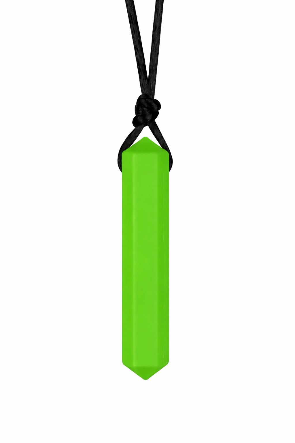 Green crystal pendant on a black cord against a white background