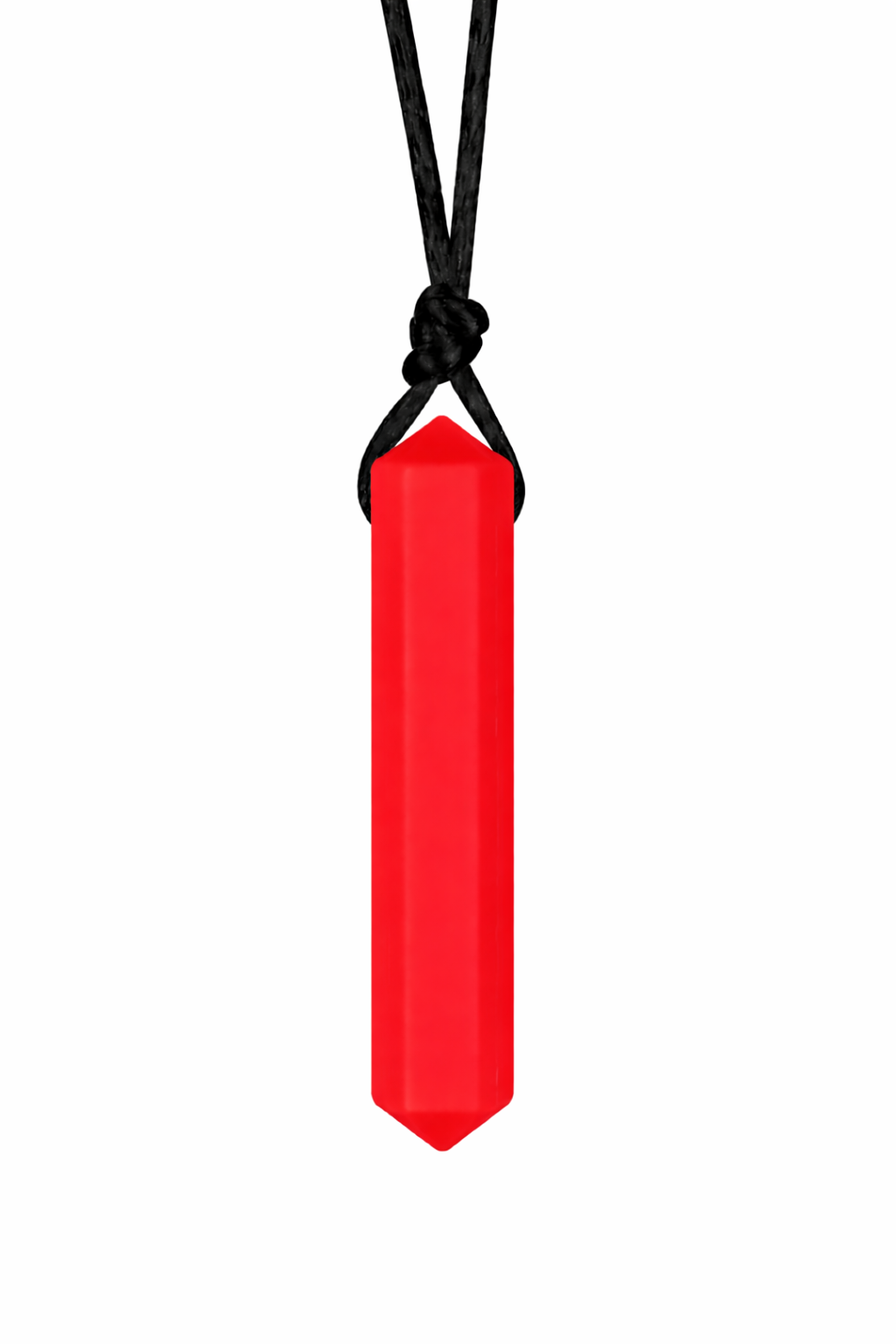 Red pendant on a black cord against a white background