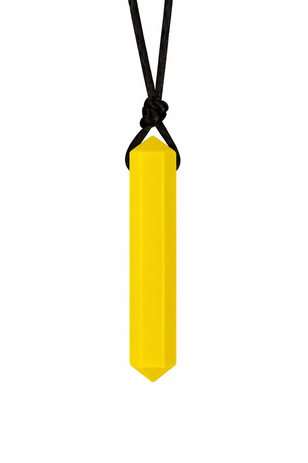 Yellow pendant on a black cord against a white background